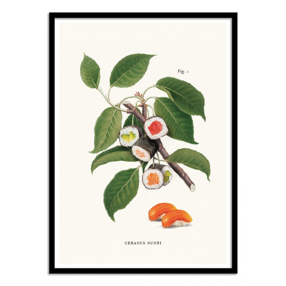 SUSHI PLANT - Affiche d'art avec Cadre bois noir - 30 x 40 cm