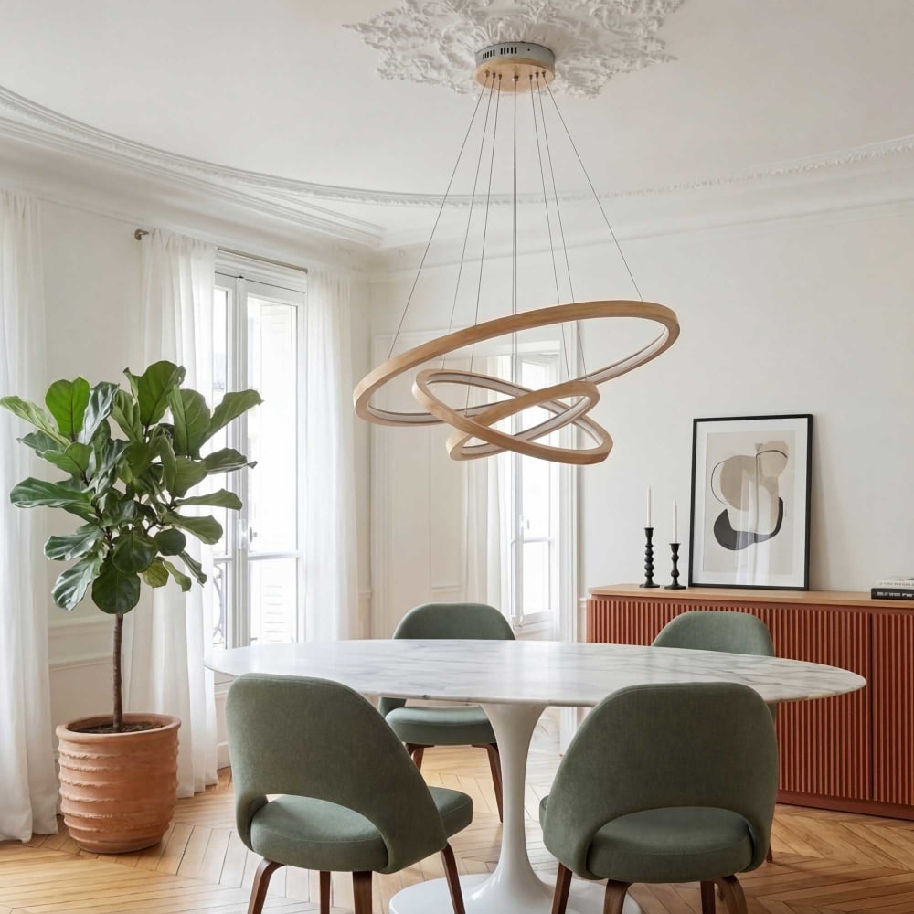 Suspension led dimmable 3 anneaux en bois naturel — vue 3