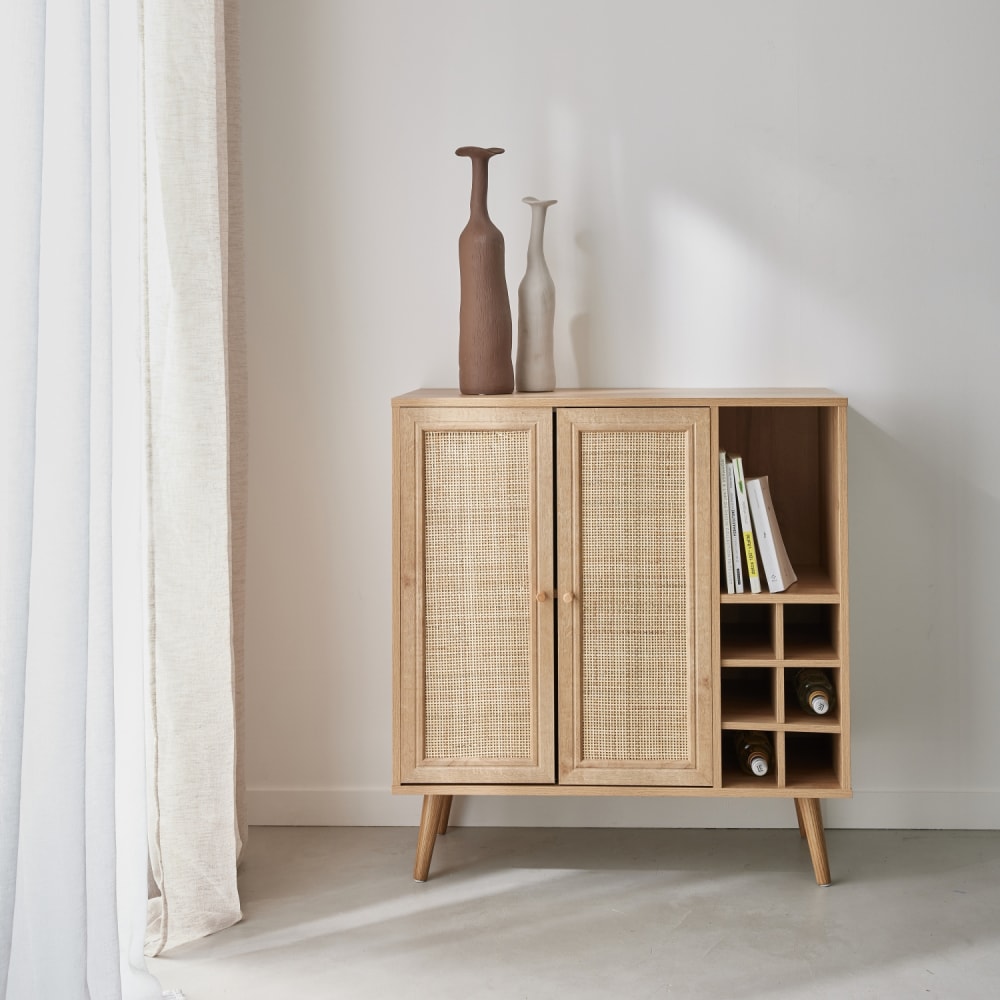 sweeek Flaschenschrank mit Rattan-Geflecht und Holzdekor style classic chic Beige Spanplatte