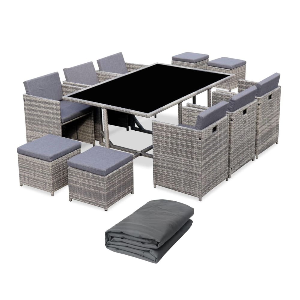 Salon de jardin résine coussins gris chiné + housse