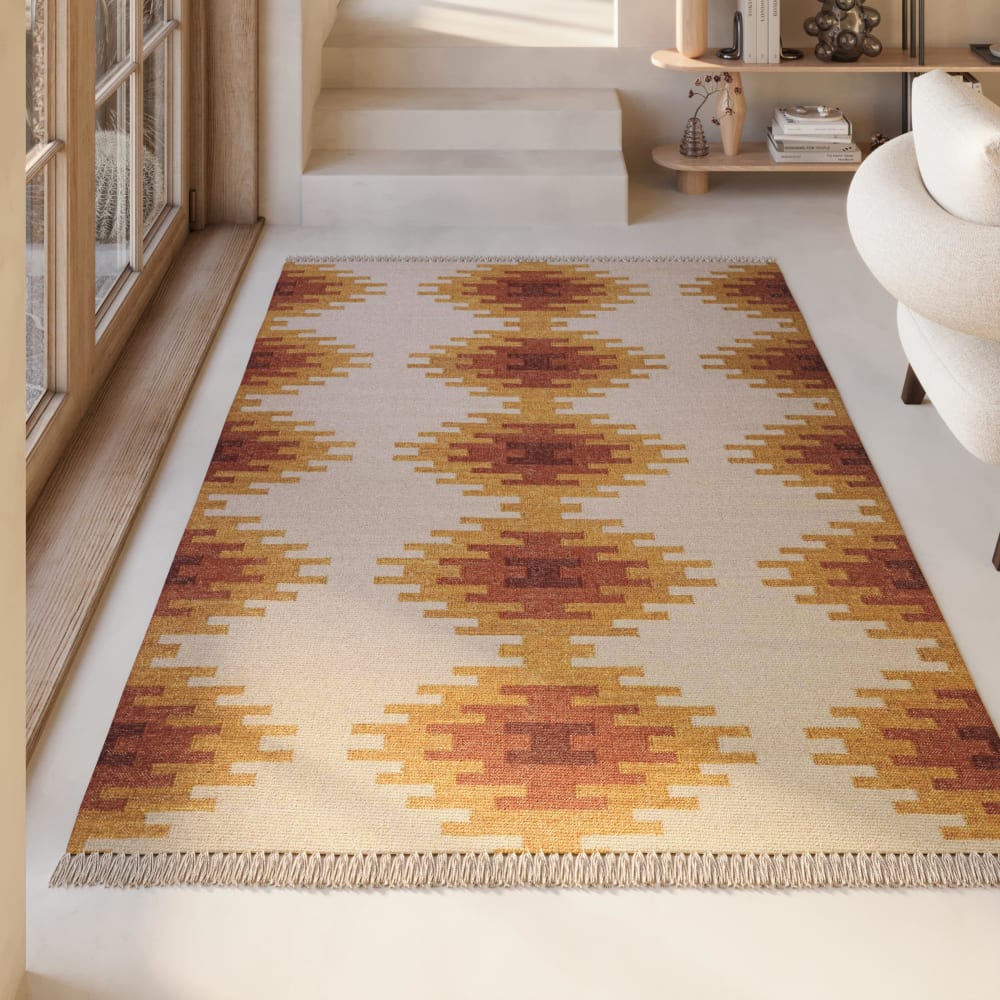 Tapis kilim pure laine tissé main ethnique chic à franges 300x400 - Maisons du Monde