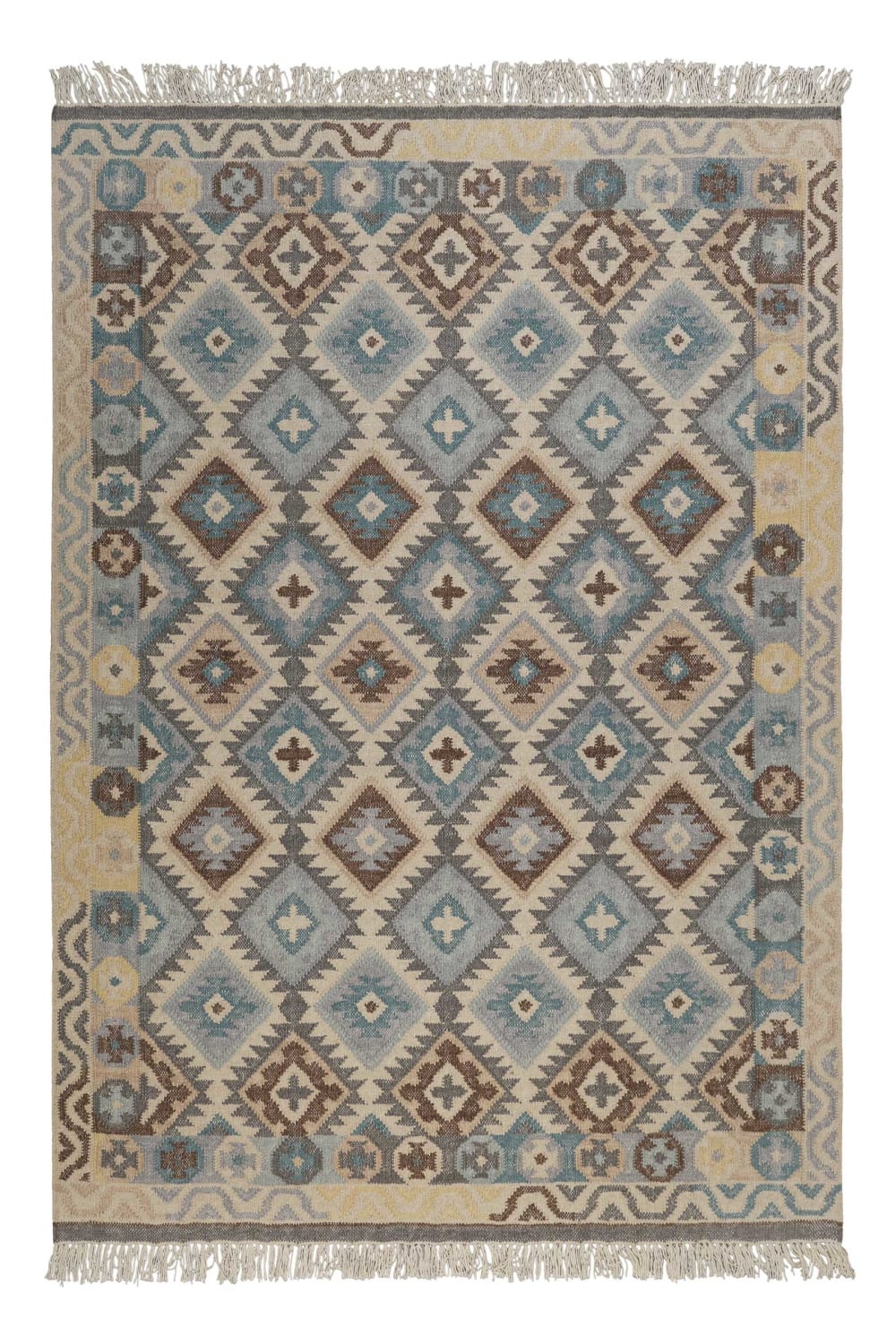 Tapis kilim pure laine tissé main ethnique chic à franges 240x340
