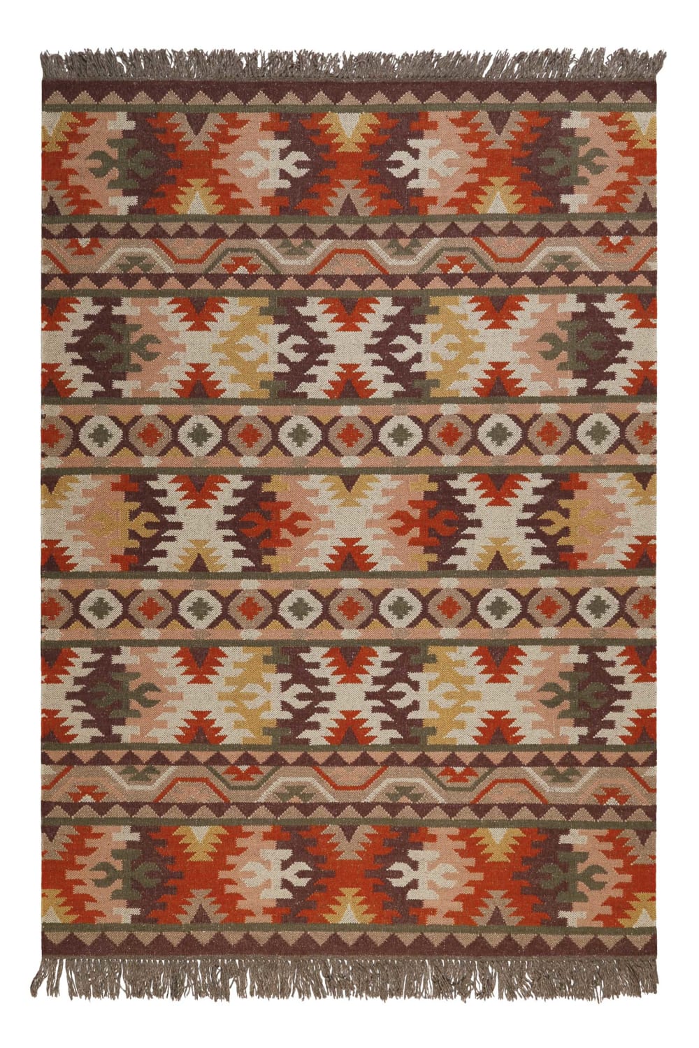 Green Loop Tapis kilim pure laine tissé main ethnique chic à franges 140x200 style inspirations d'ailleurs Marron