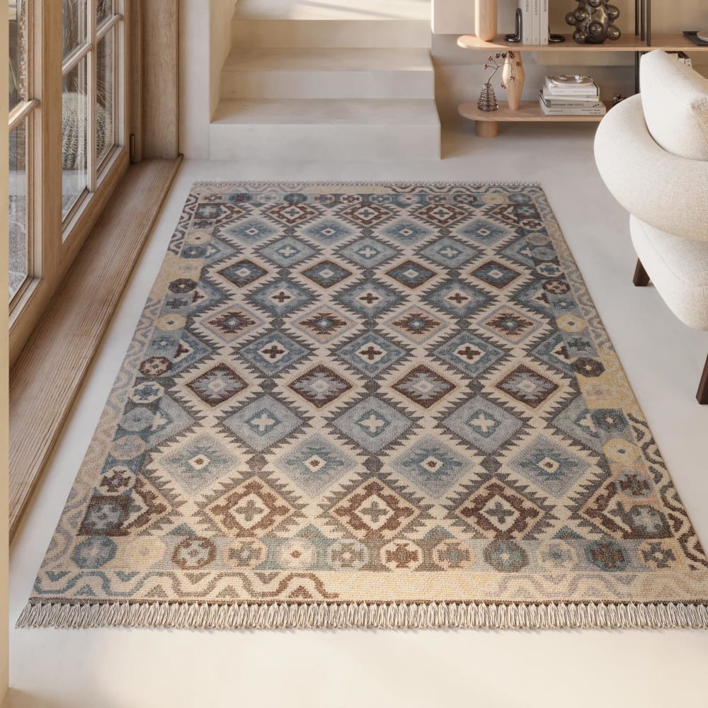 Tapis kilim pure laine tissé main ethnique chic à franges 140x200 - Maisons du Monde