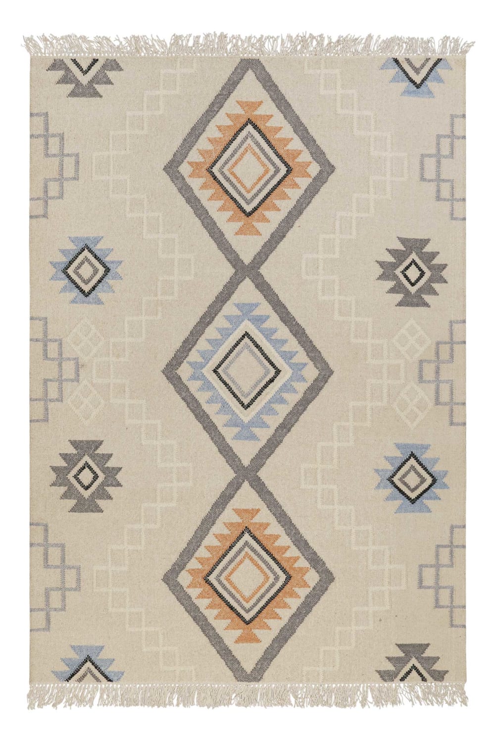 Green Loop Tapis kilim pure laine tissé main ethnique chic à franges 140x200 style inspirations d'ailleurs Beige