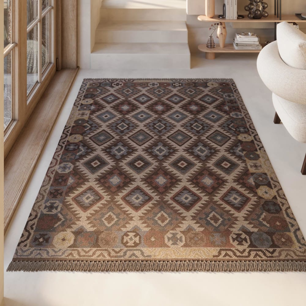Tapis kilim pure laine tissé main ethnique chic à franges 240x340 - Maisons du Monde