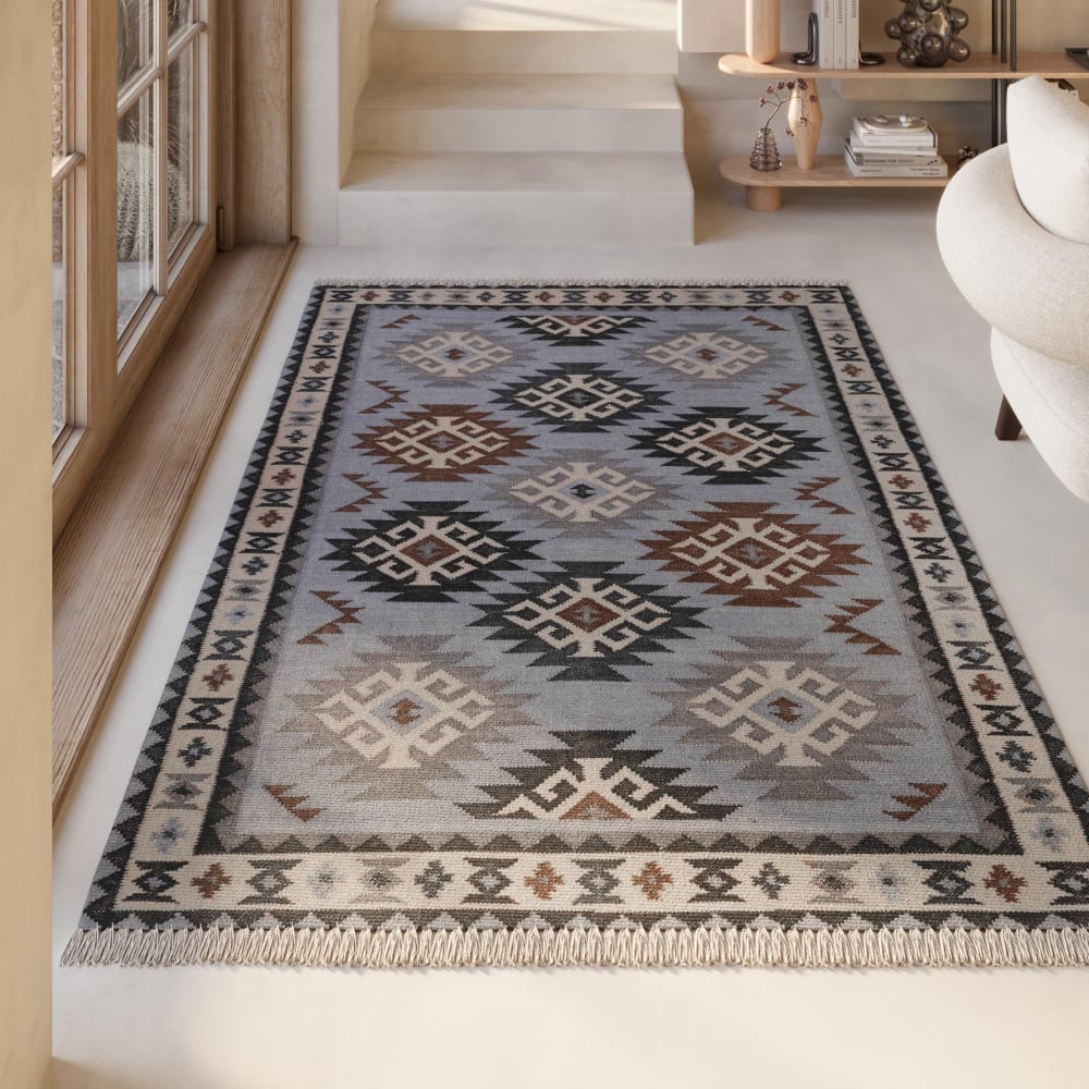 Tapis kilim pure laine tissé main ethnique chic à franges 240x340 - Maisons du Monde