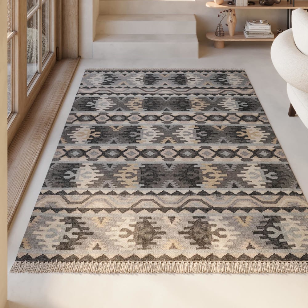 Tapis kilim pure laine tissé main ethnique chic à franges 80x150 — vue 3