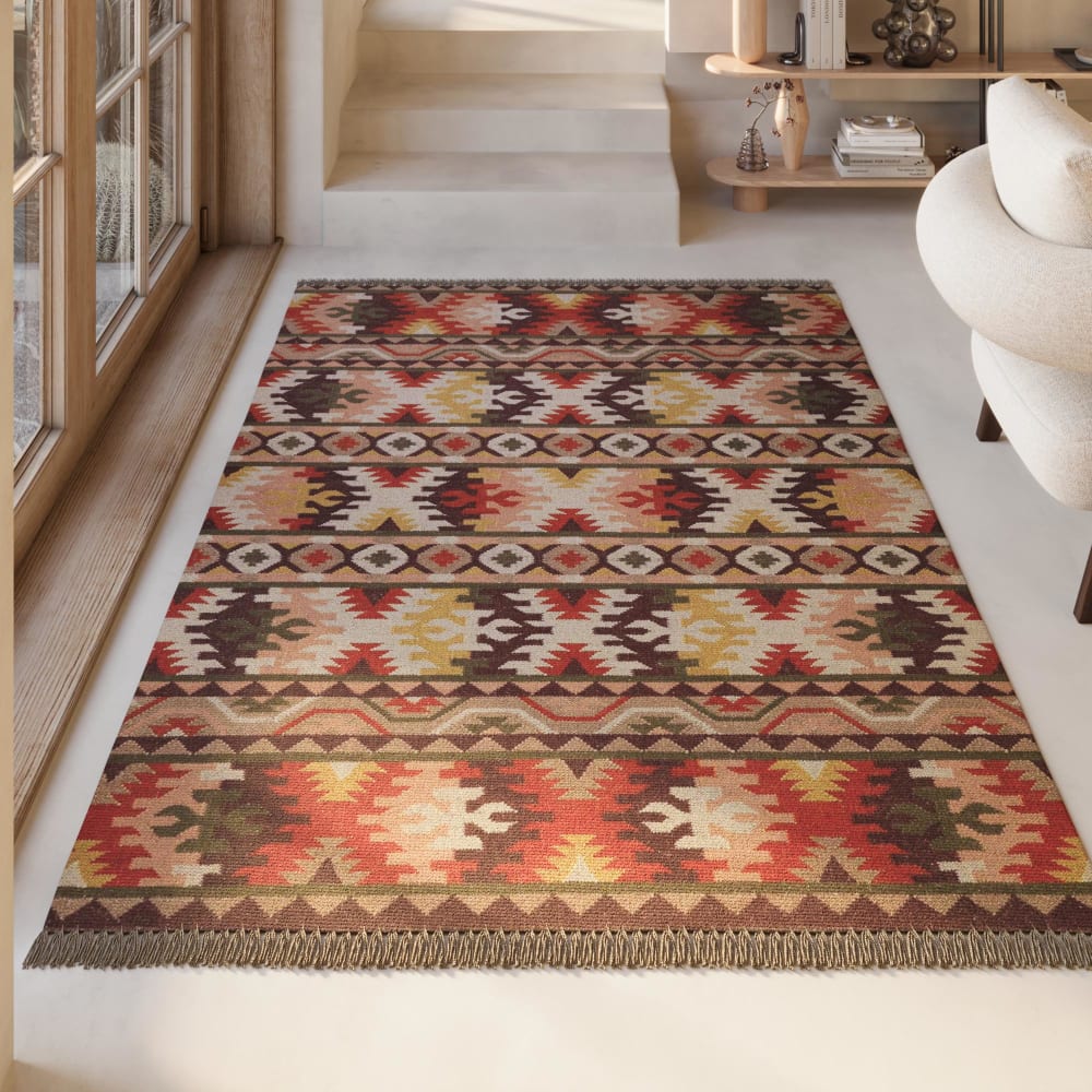 Tapis kilim pure laine tissé main ethnique chic à franges 80x150 — vue 3