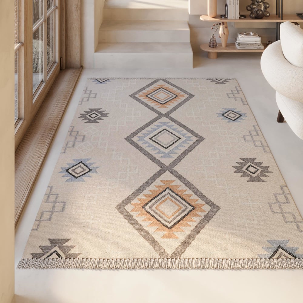 Tapis kilim pure laine tissé main ethnique chic à franges 80x150 — vue 3