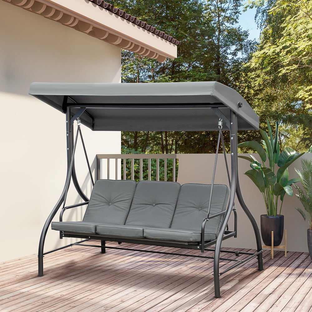 Balancelle de jardin 3 places convertible avec matelas gris métal noir