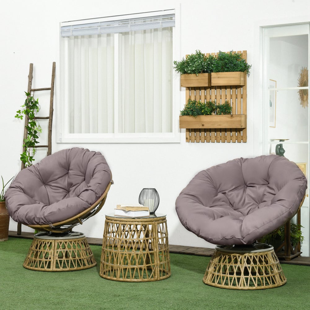 Ensemble salon de jardin 2 fauteuils papasan table basse coussins