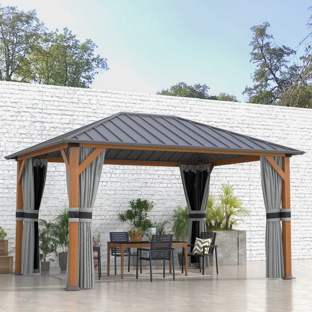 Pavillon de jardin alu aspect bois toit métal rideaux moustiquaires
