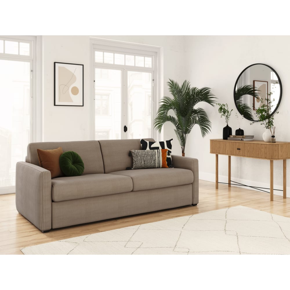 Canapé convertible express 3 places en velours côtelé taupe 140x190cm - Maisons du Monde