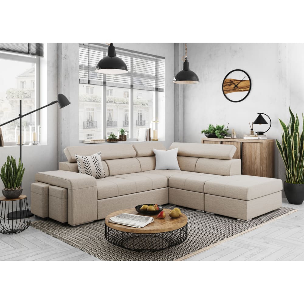 Canapé d'angle convertible en tissu - Beige - Angle droit