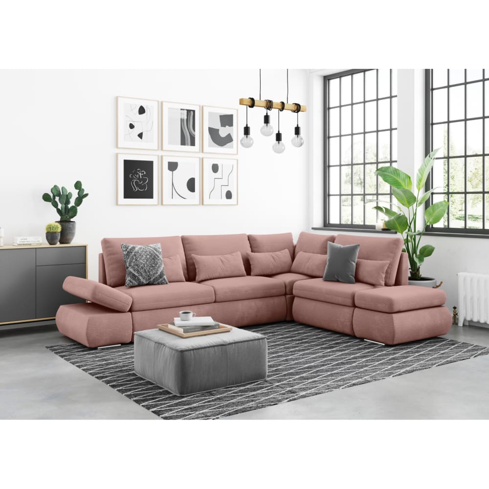 Canapé d'angle réversible convertible en velours côtelé - Rose