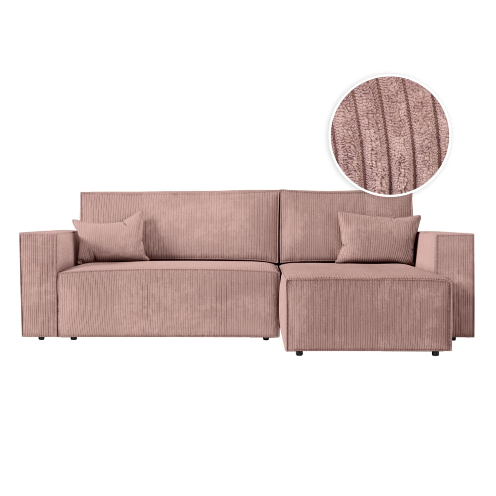 Canapé d'angle convertible avec coffre en velours côtelé - Rose
