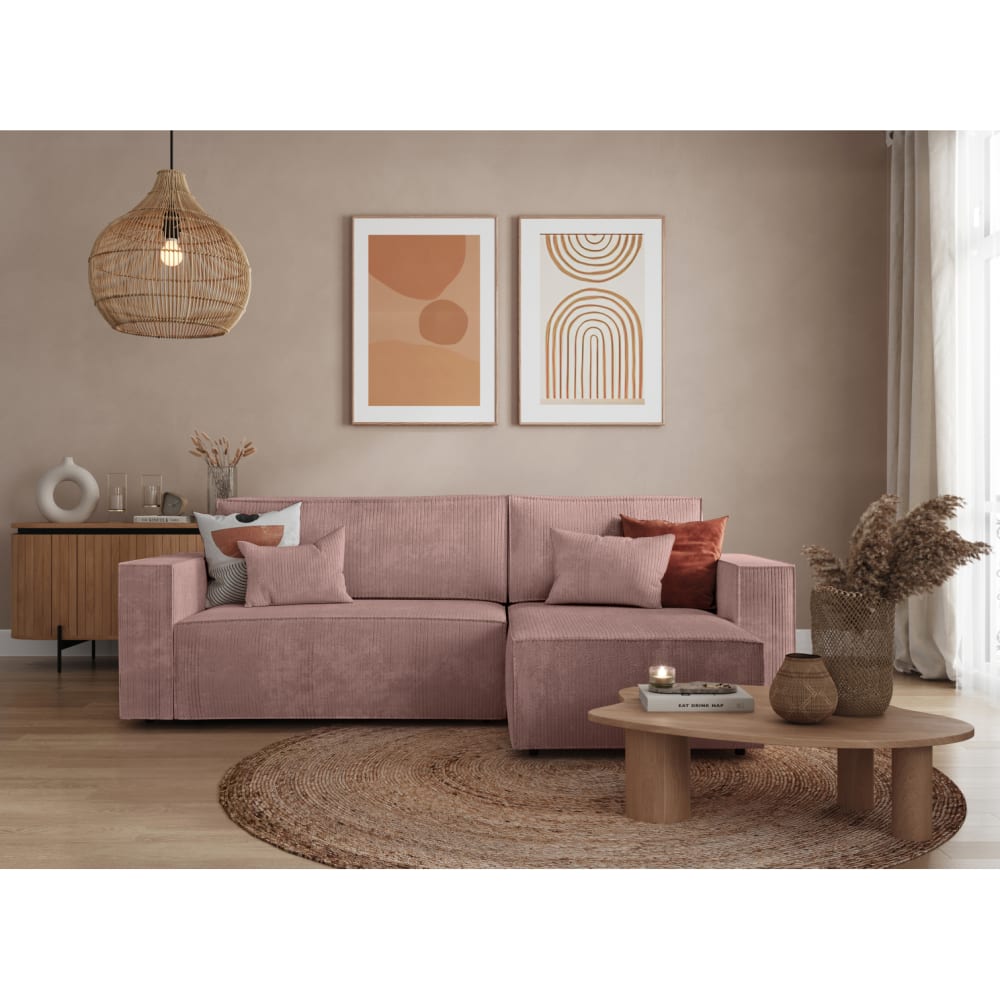 Canapé d'angle convertible avec coffre en velours côtelé - Rose