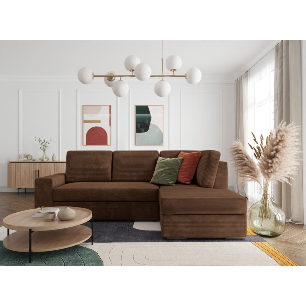Canapé d'angle droit convertible en velours côtelé - Marron