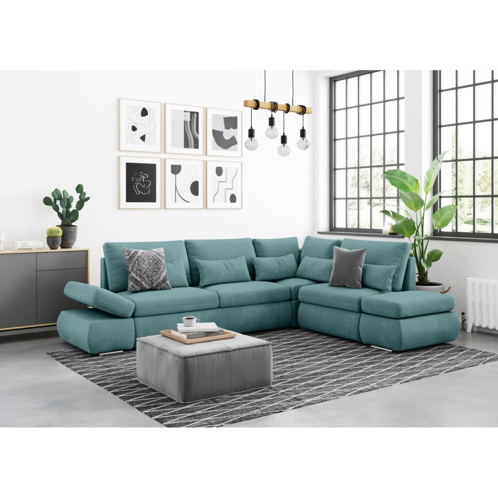 Canapé d'angle réversible convertible en velours côtelé - Bleu clair