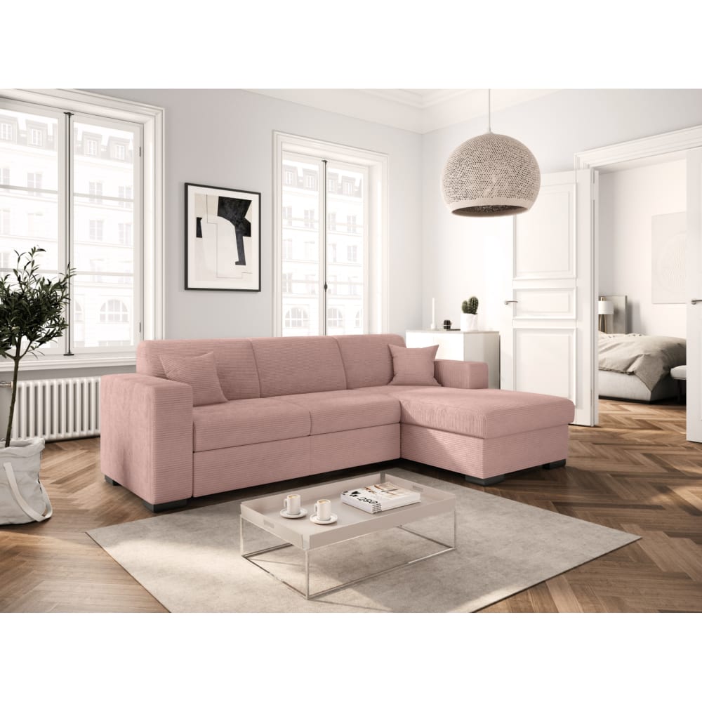 Canapé d'angle droit convertible avec coffre en velours côtelé - Rose