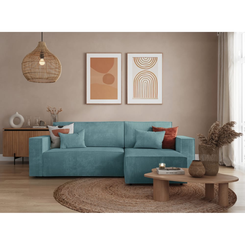 Canapé d'angle convertible avec coffre en velours côtelé - Bleu clair