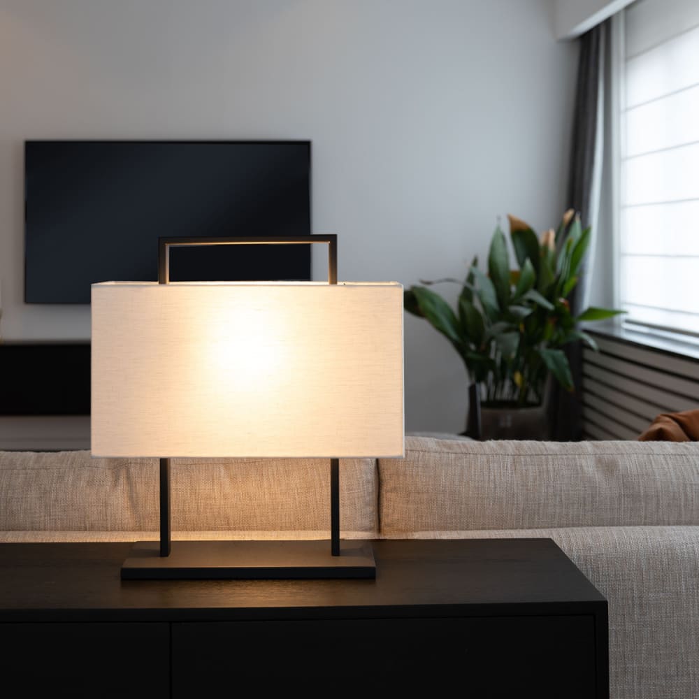 Lampe de table en métal avec abat-jour en lin, noir et blanc, 50 cm