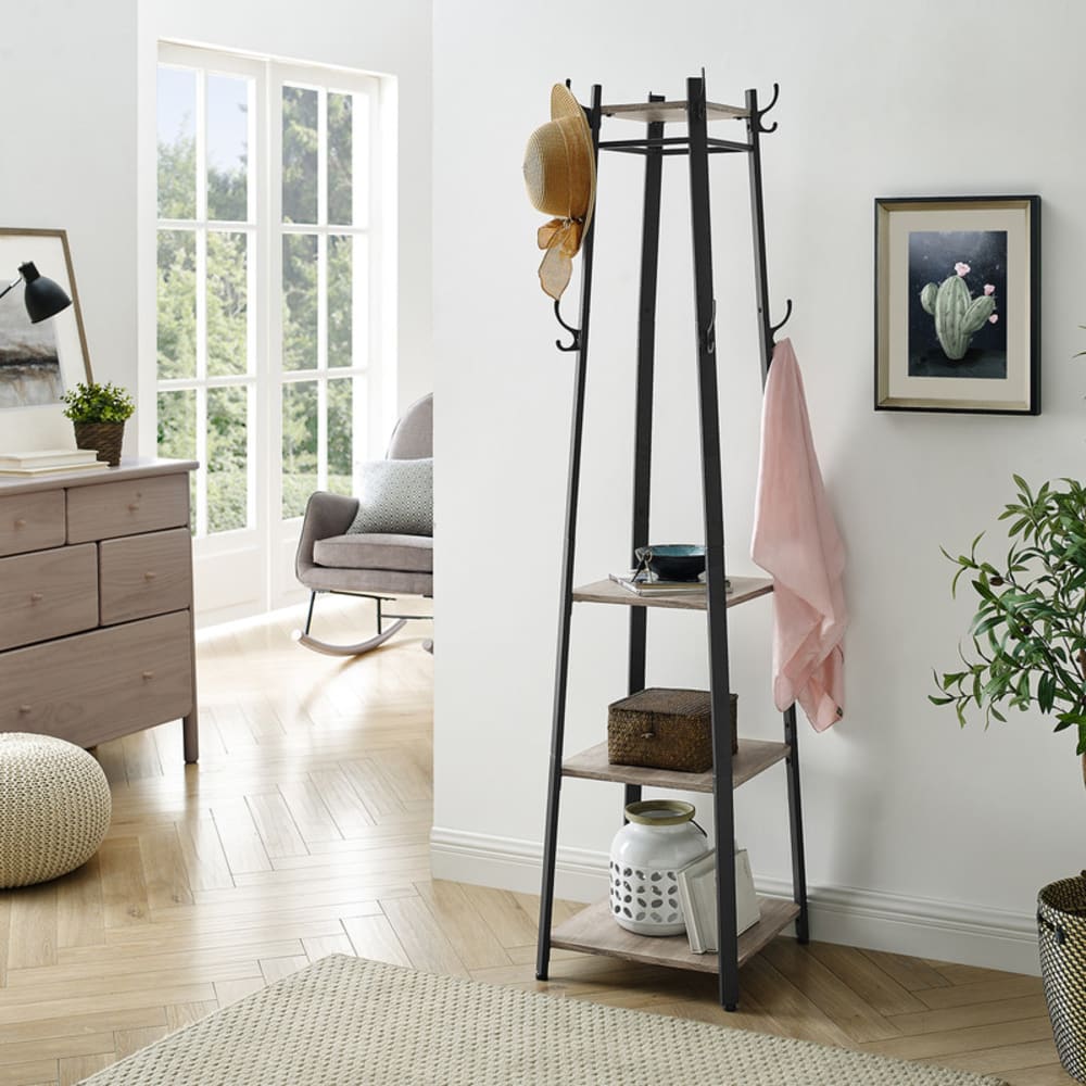 Porte-manteaux vintage avec étagère à 3 niveaux crochets grège et noir — vue 4