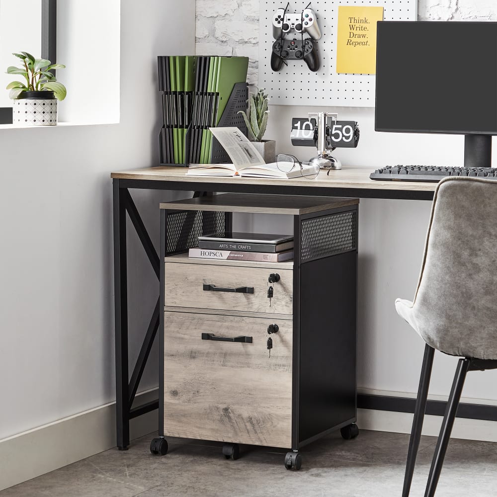 VASAGLE Caisson de bureau à 2 tiroirs rangement document à roulettes noir Gris Bois - 42x69x44cm
