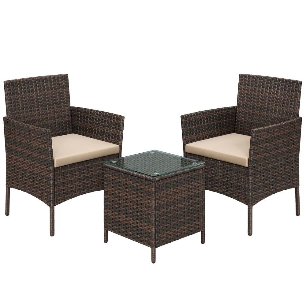 Salon de jardin extérieur table et chaises marron et taupe