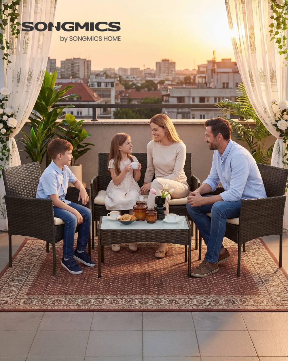 Meubles de jardin tressé en pe ensemble 4 pièces table marron et taupe - Maisons du Monde
