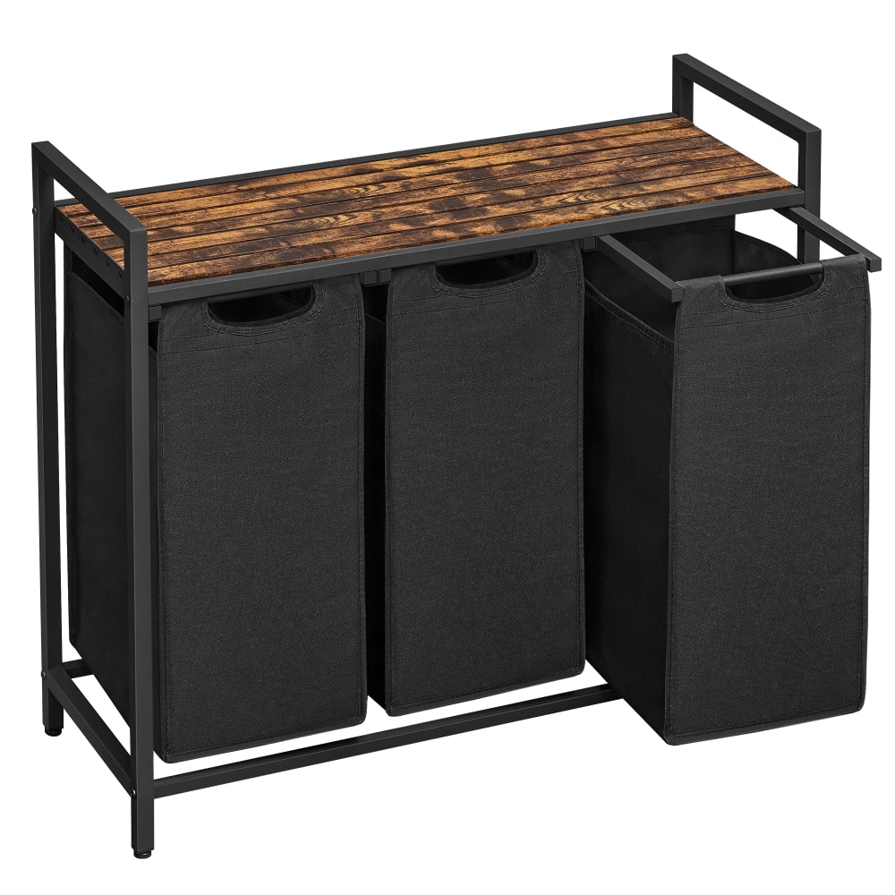 Panier à linge 3 compartiments tissu Oxford effet bois noir