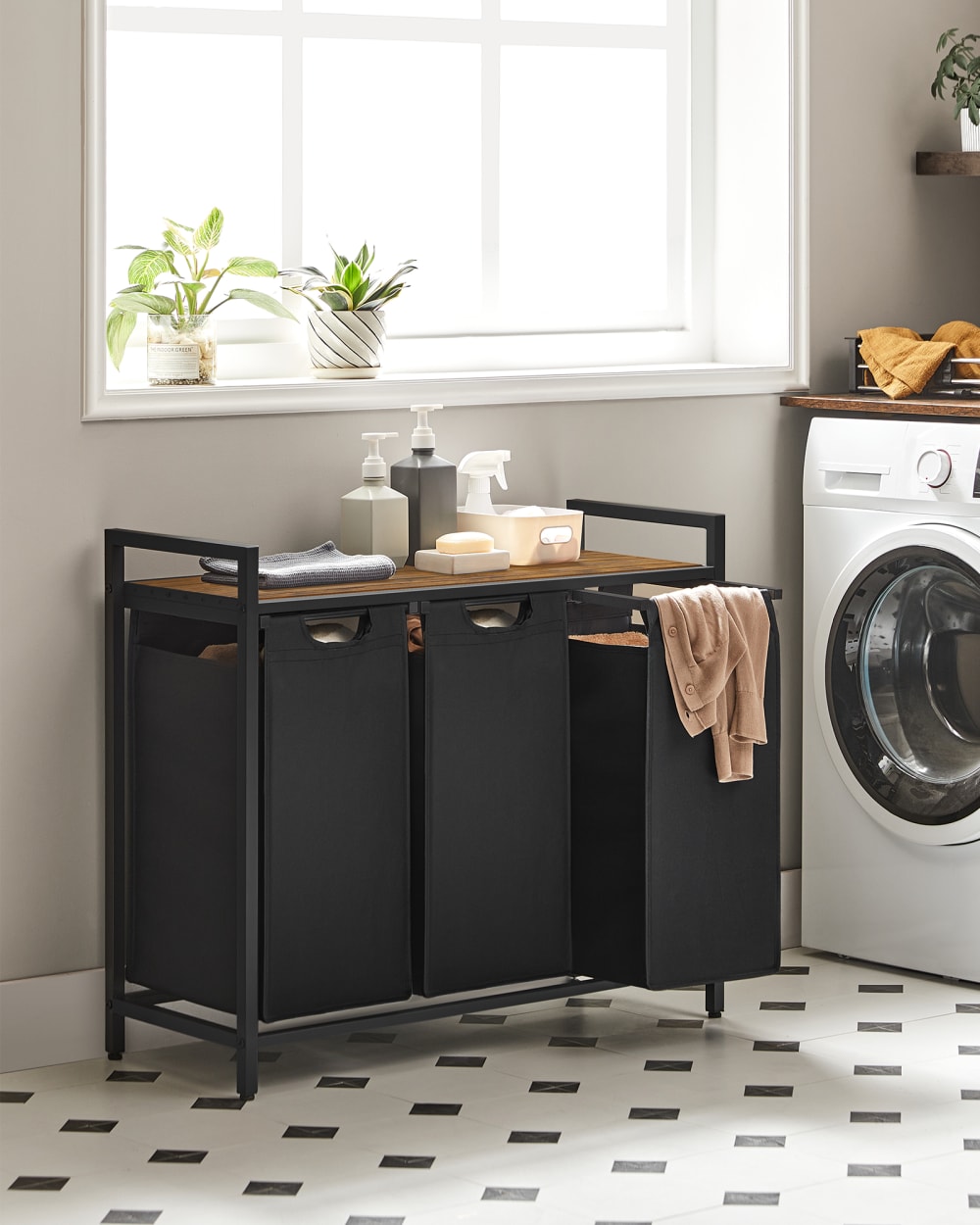 Panier à linge 3 compartiments tissu Oxford effet bois noir — vue 3