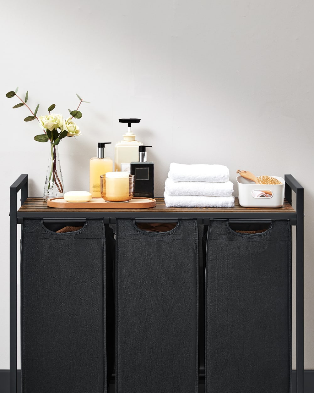Panier à linge 3 compartiments tissu Oxford effet bois noir — vue 4