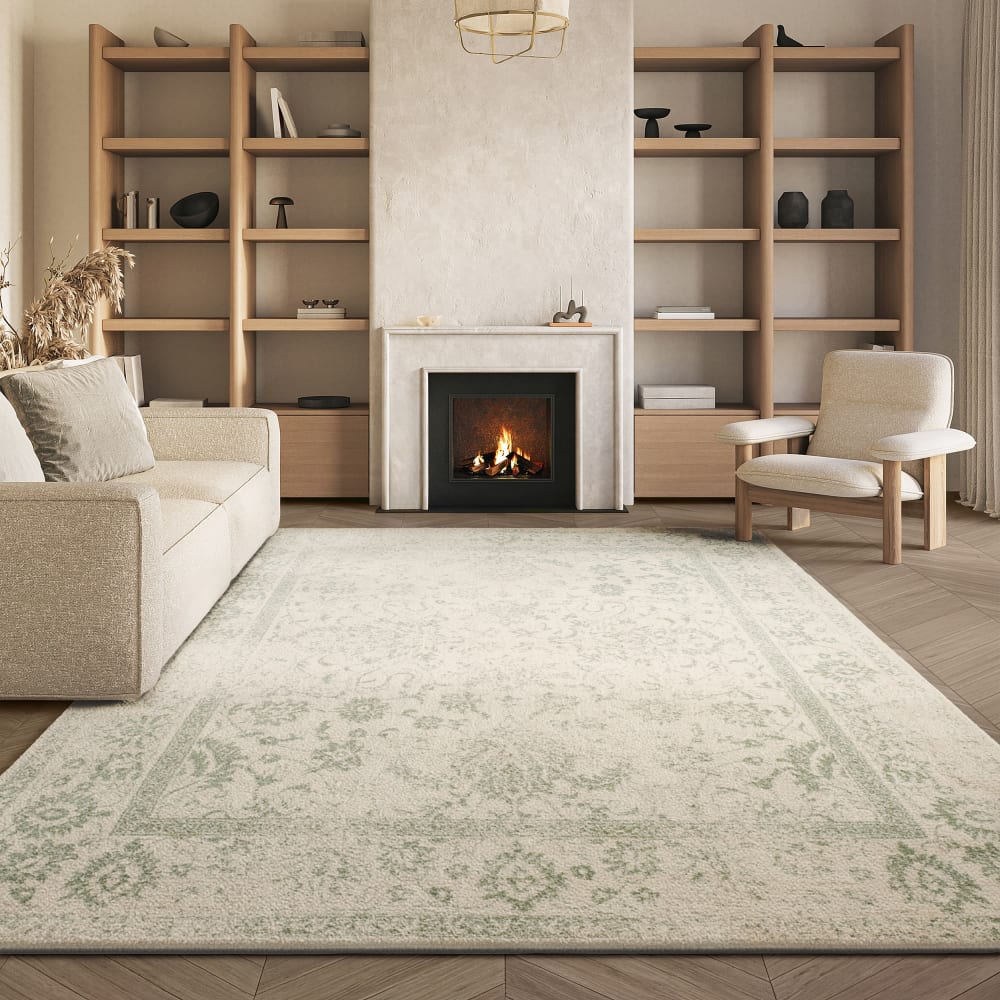 Tapis vintage patiné en polypropylène blanc/vert, 183 x 274 cm — vue 3