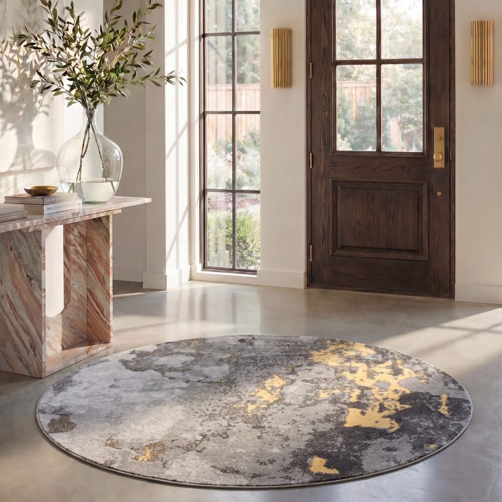 Tapis abstrait moderne en détresse en polypropylène gris/jaune, 122 cm — vue 3