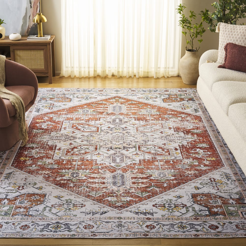 Tapis traditionnel en polyester blanc/orange, 183 x 183 cm — vue 3
