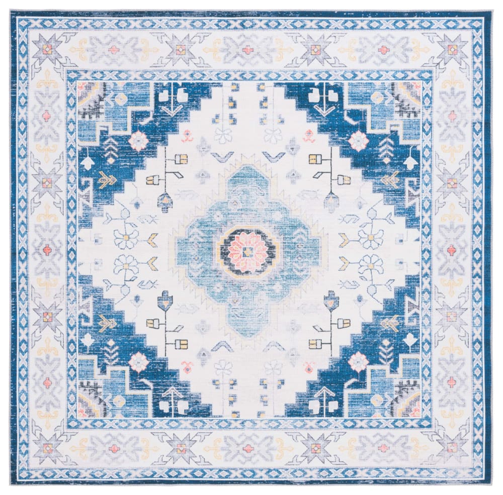 Tapis traditionnel en polyester bleu/blanc, 183 x 183 cm