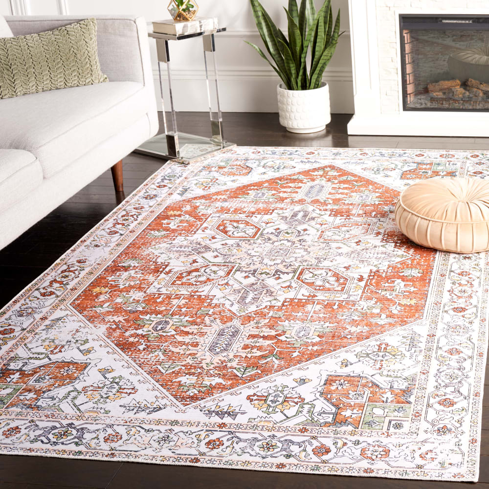 Tapis traditionnel en polyester blanc/orange, 122 x 183 cm — vue 3
