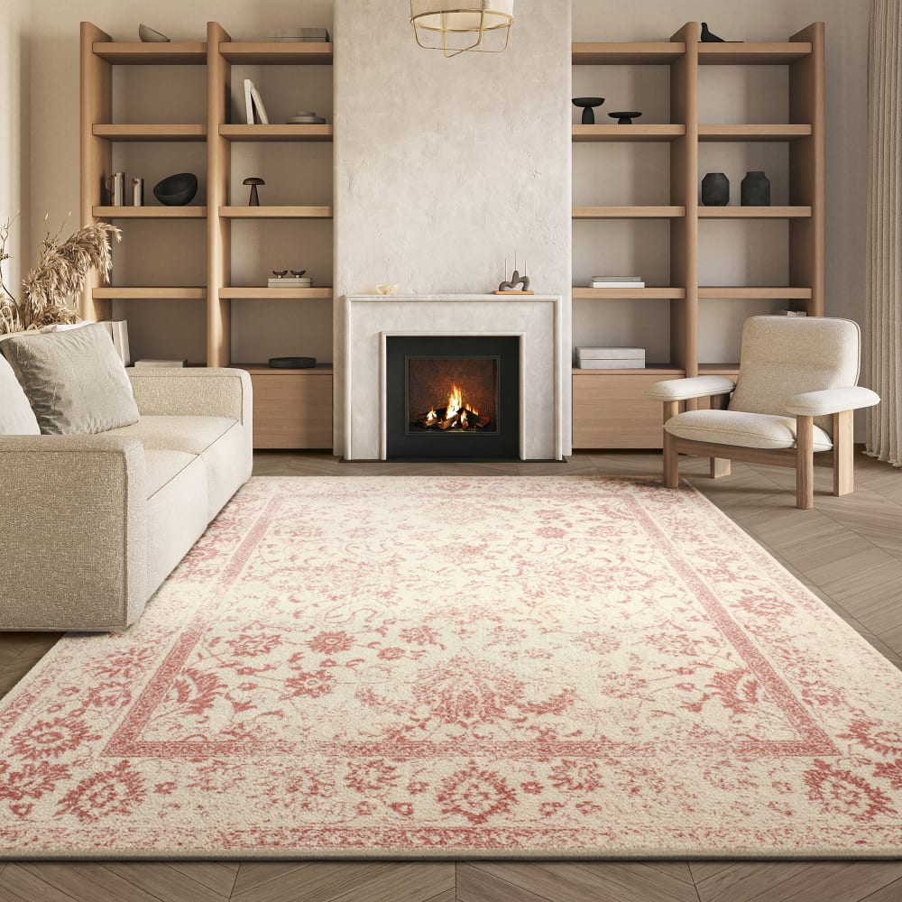 Tapis vintage patiné en polypropylène blanc/rose, 183 x 274 cm — vue 3
