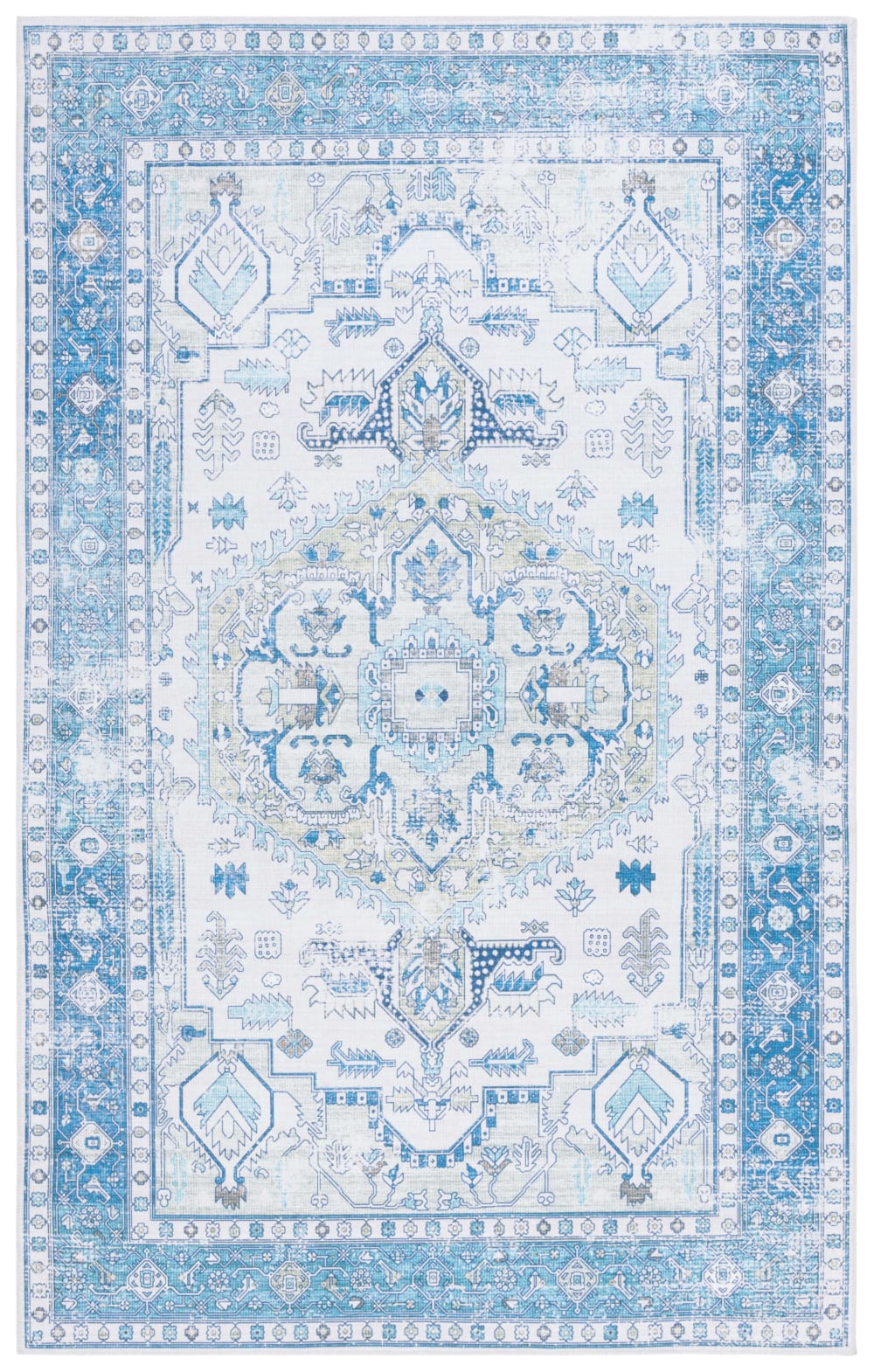 Tapis traditionnel en polyester beige/bleu, 122 x 183 cm