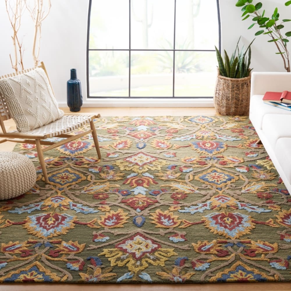 Tapis traditionnel en laine vert/multicolore, 122 x 122 cm — vue 3