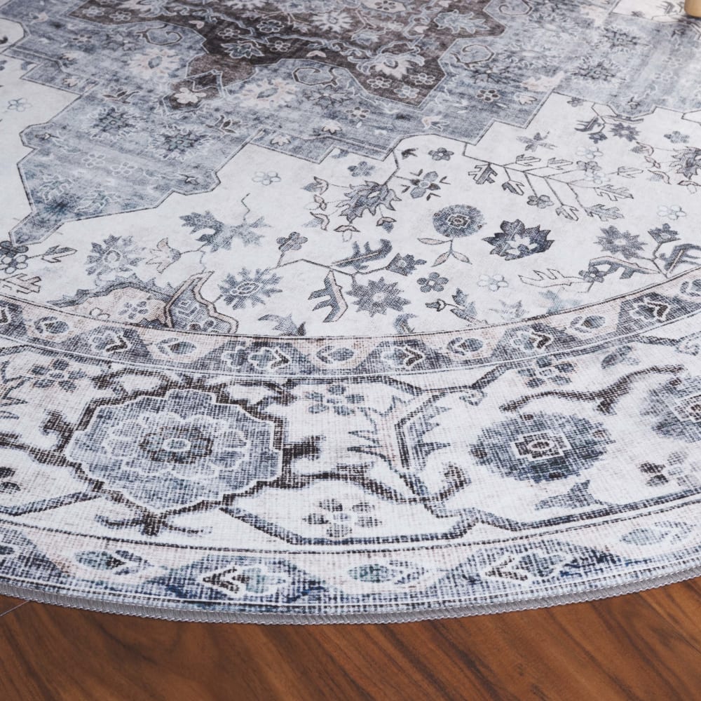 Tapis traditionnel en polyester blanc/bleu, 183 x 183 cm — vue 3