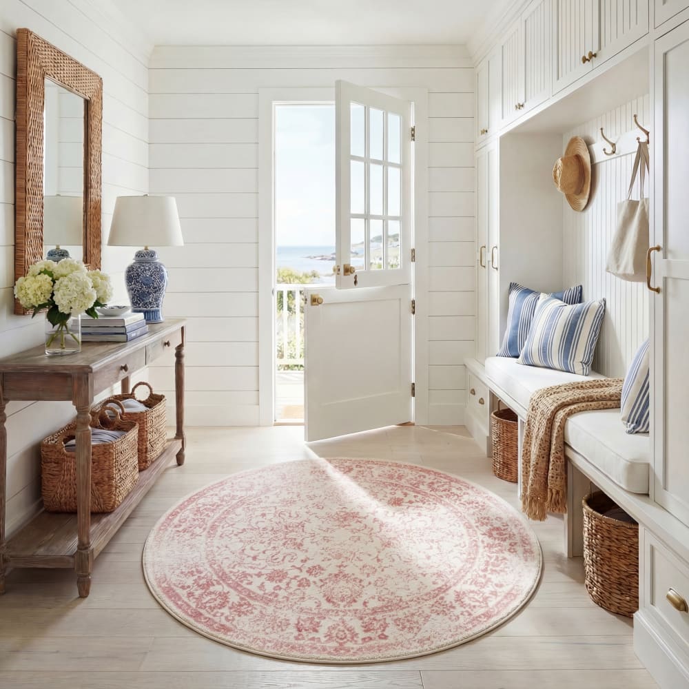 Tapis vintage patiné en polypropylène blanc/rose, 122 cm — vue 3