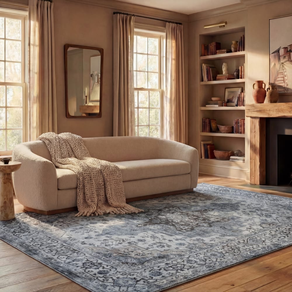 Tapis traditionnel en polyester blanc/bleu, 183 x 274 cm — vue 3