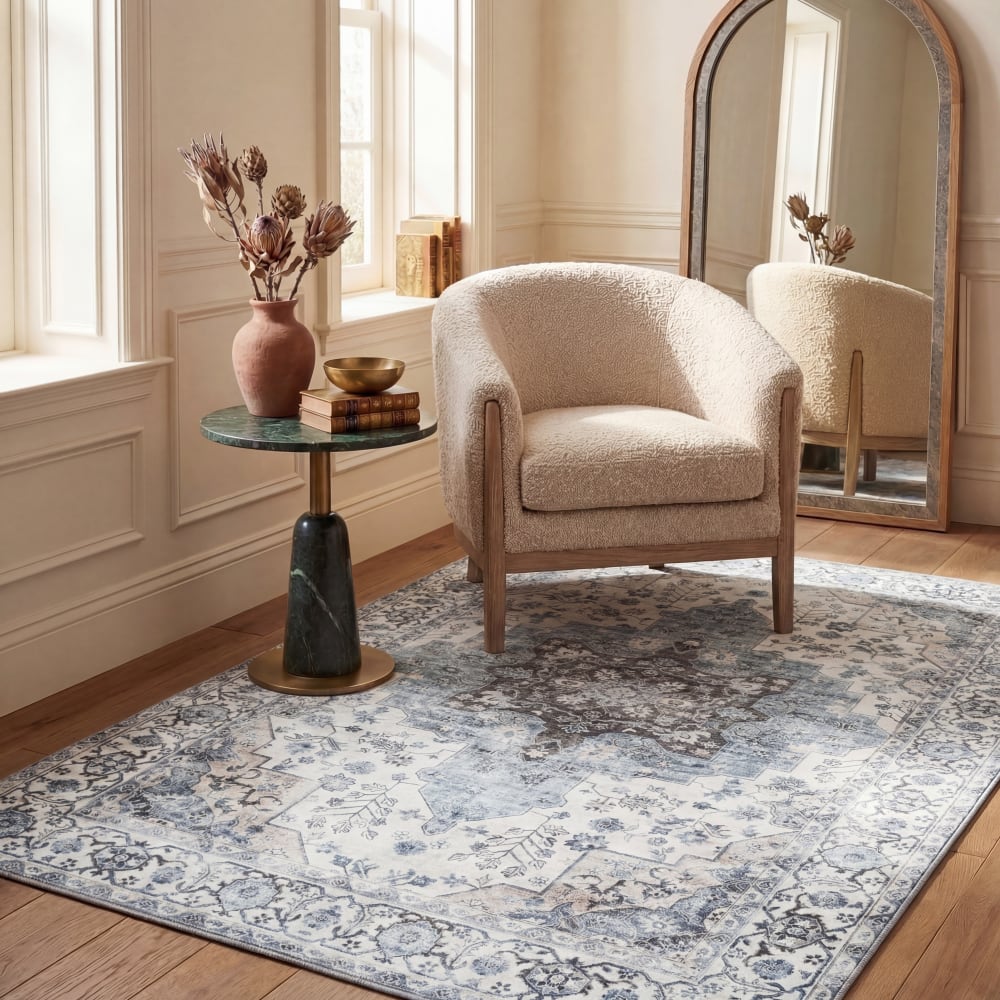 Traditionell Polyester-Teppich in Weiß/Blau, 183 x 274 cm -