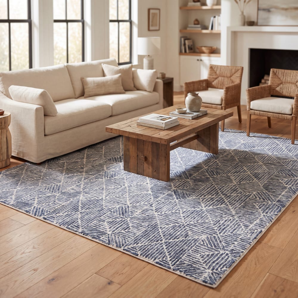 Tapis moderne en laine bleu/blanc, 122 x 122 cm — vue 3
