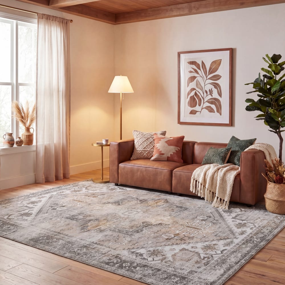 Tapis traditionnel en polyester beige/gris, 244 x 305 cm — vue 3