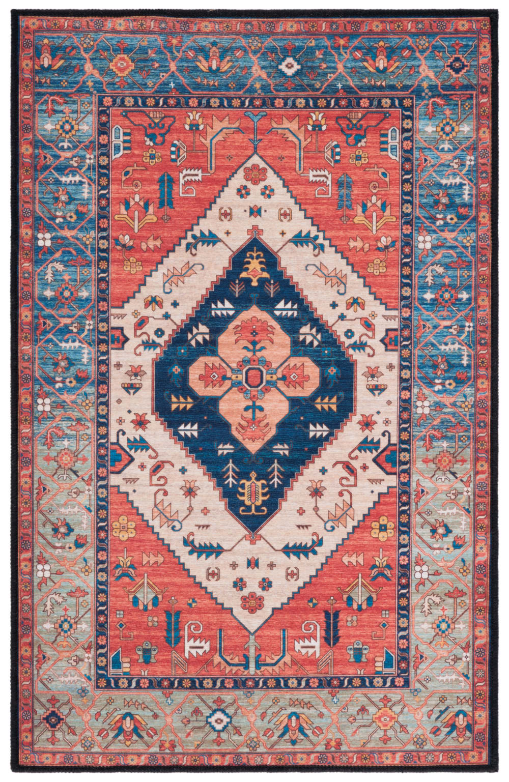 Tapis traditionnel en polyester orange/bleu, 76 x 122 cm