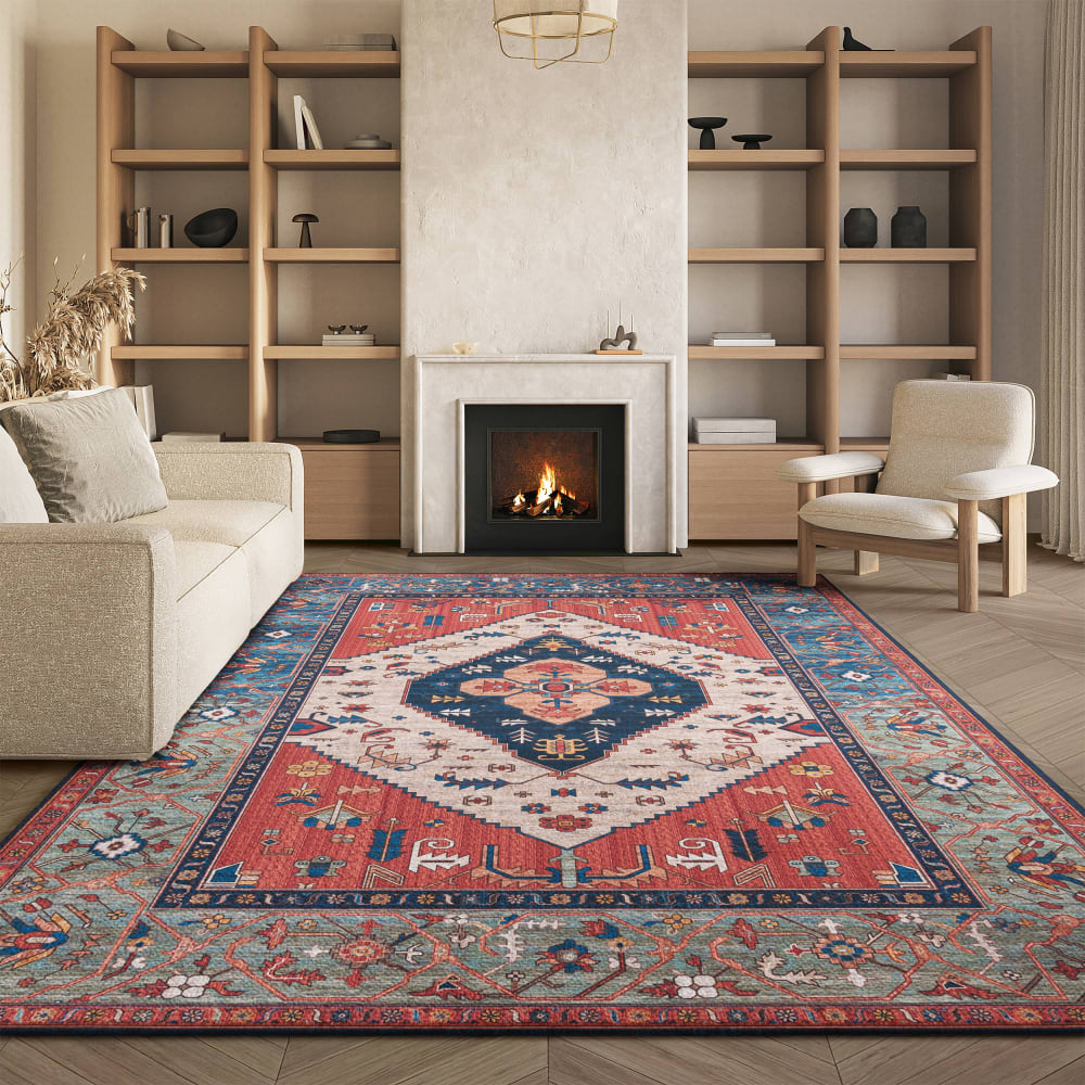 Tapis traditionnel en polyester orange/bleu, 76 x 122 cm — vue 3